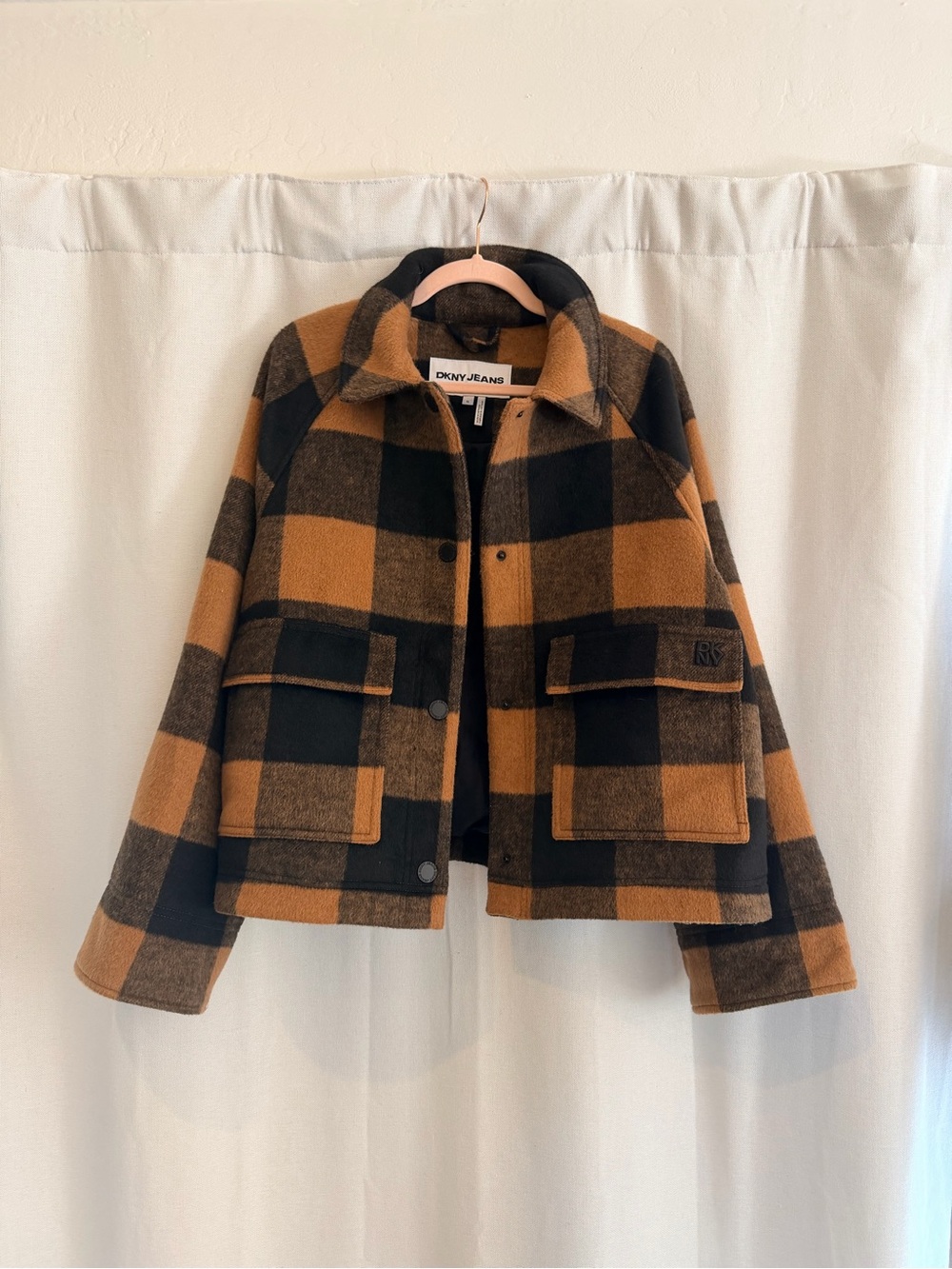 DKNY Jeans Brown Camel Buffalo Plaid Cropped Jacket